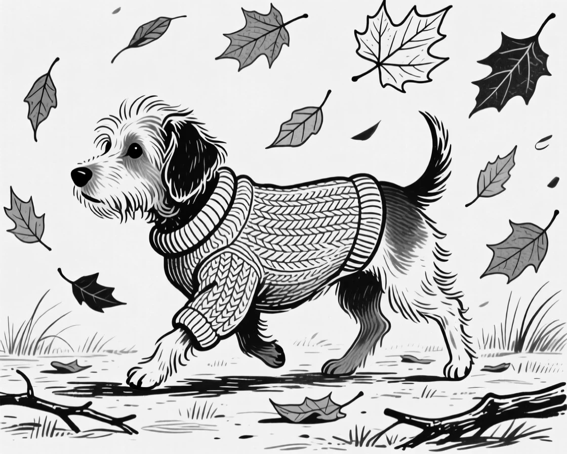 A small dog wearing a knitted sweater walking through falling autumn leaves.