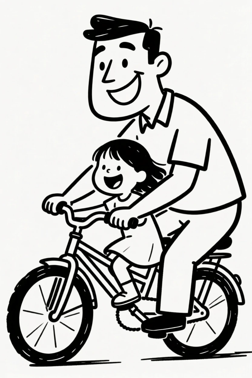 A dad teaching his daughter to ride a bicycle, running alongside her with a proud smile.