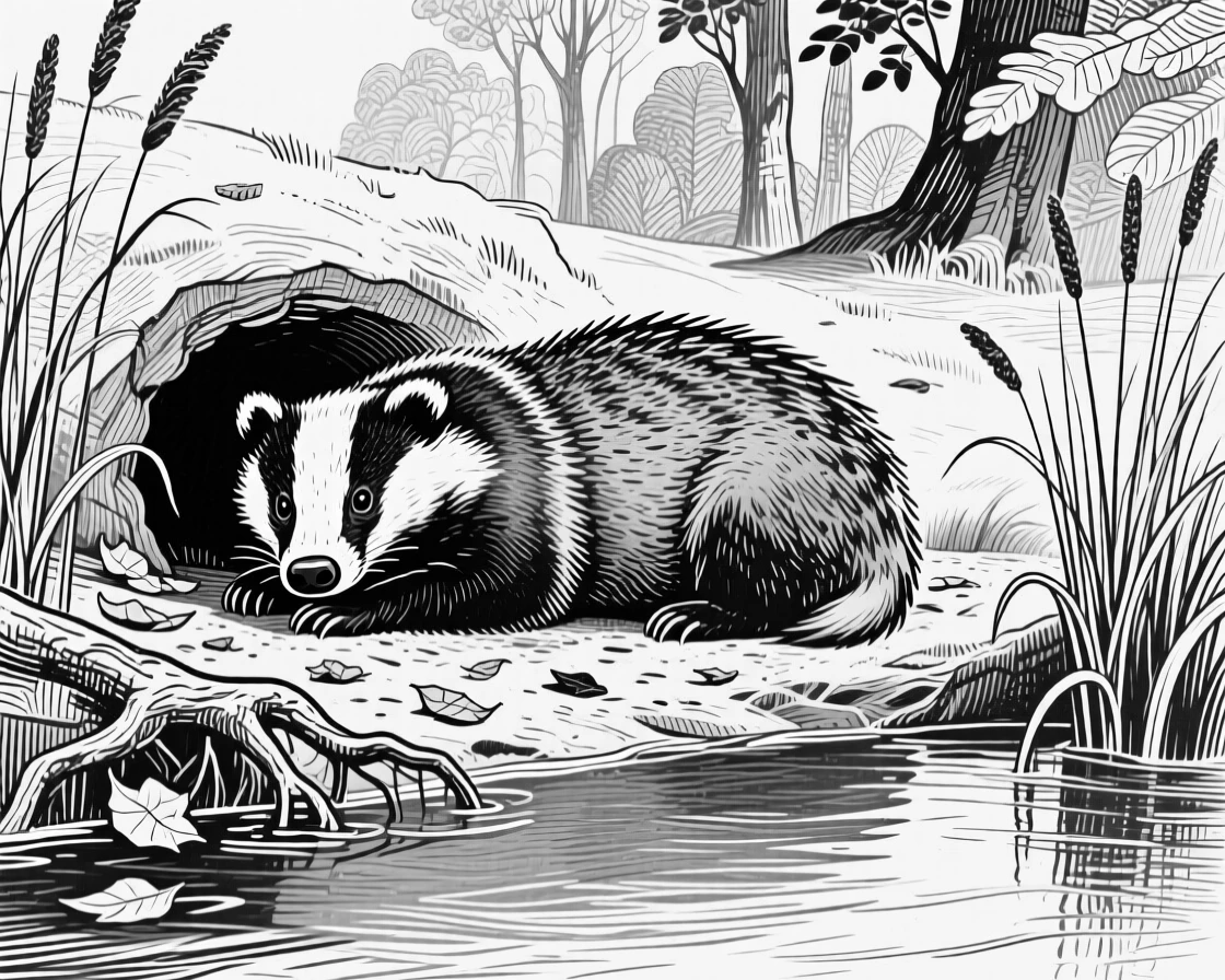 A badger at its den beside a calm woodland stream, framed by tall reeds, capturing a calm and dignified moment in nature with a strong, centered focal point.