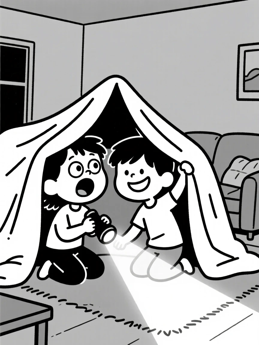 Siblings building an epic blanket fort in the living room, flashlight in hand.