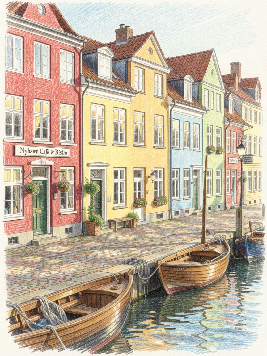 The colorful row houses of Copenhagen's Nyhavn harbor, with warm light casting long shadows across the scene, capturing the timeless charm of a beloved destination.