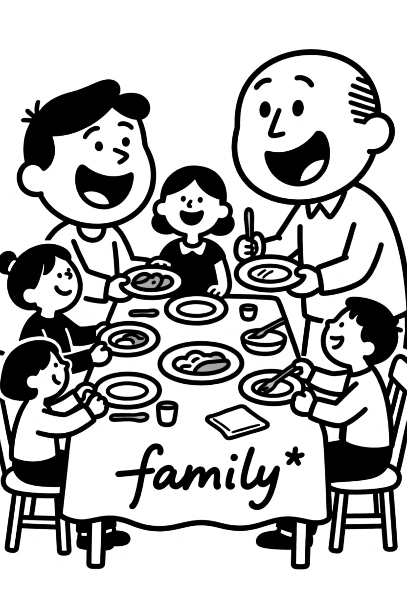 A big family gathered around a dinner table passing dishes, everyone talking and laughing at once.