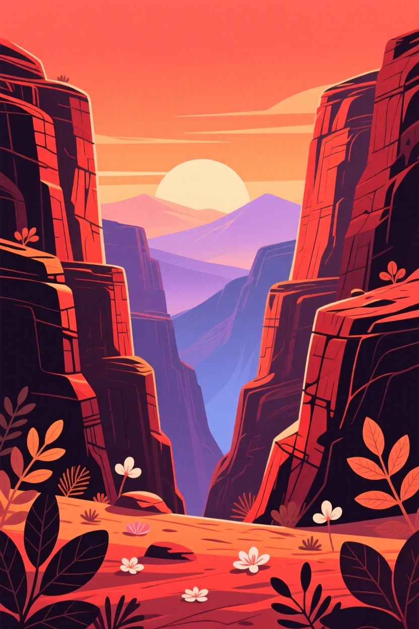 A dramatic canyon glowing red and orange at sunset, with distant mountains fading into a hazy horizon, framed symmetrically to create a calm, balanced feel, with delicate textures visible in every leaf and petal.
