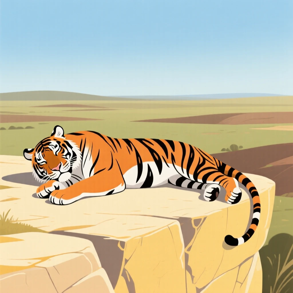 A majestic tiger resting on a sunlit ledge overlooking the open plains.