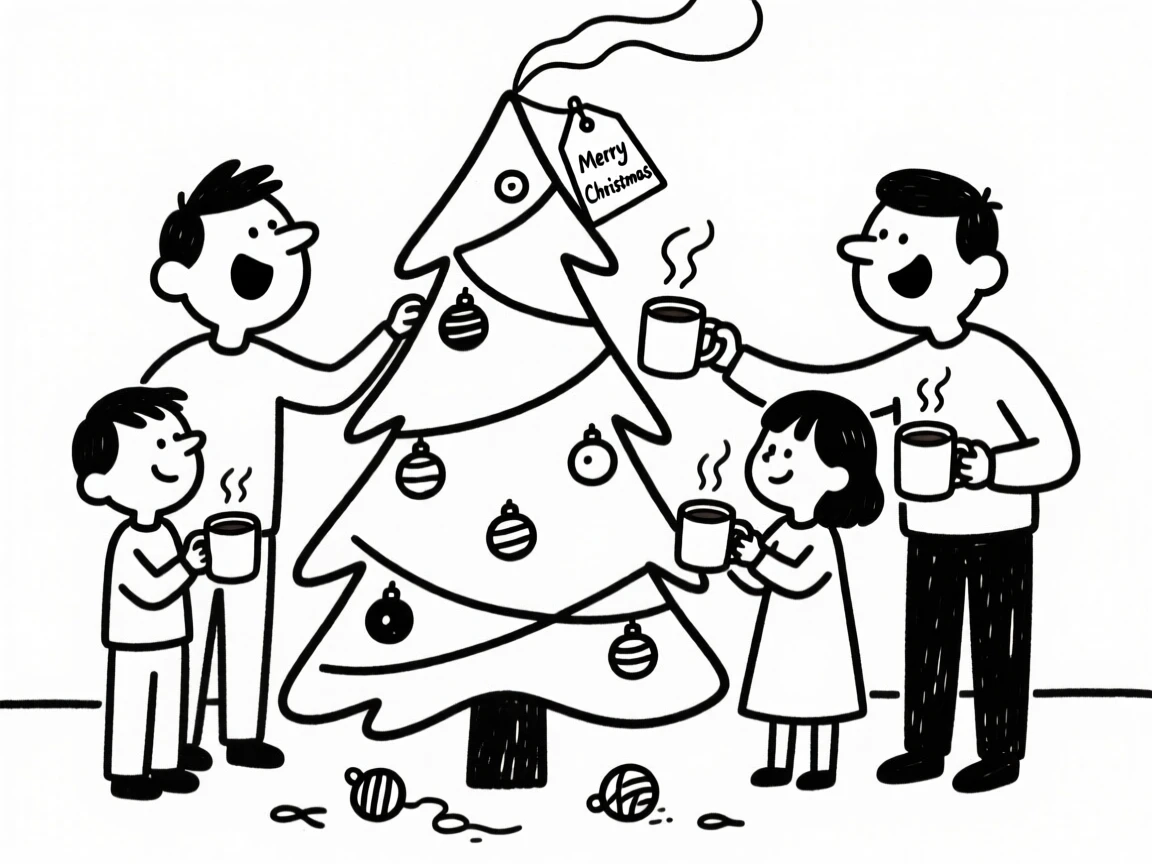 A family decorating a Christmas tree together, ornaments scattered everywhere, cocoa mugs in hand.