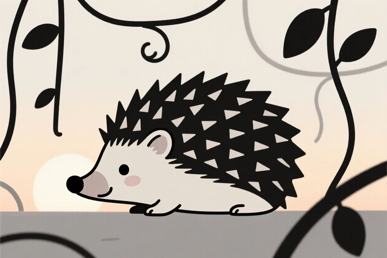 A close-up view of a hedgehog waking slowly at dawn, surrounded by hanging vines, full of gentle curiosity.