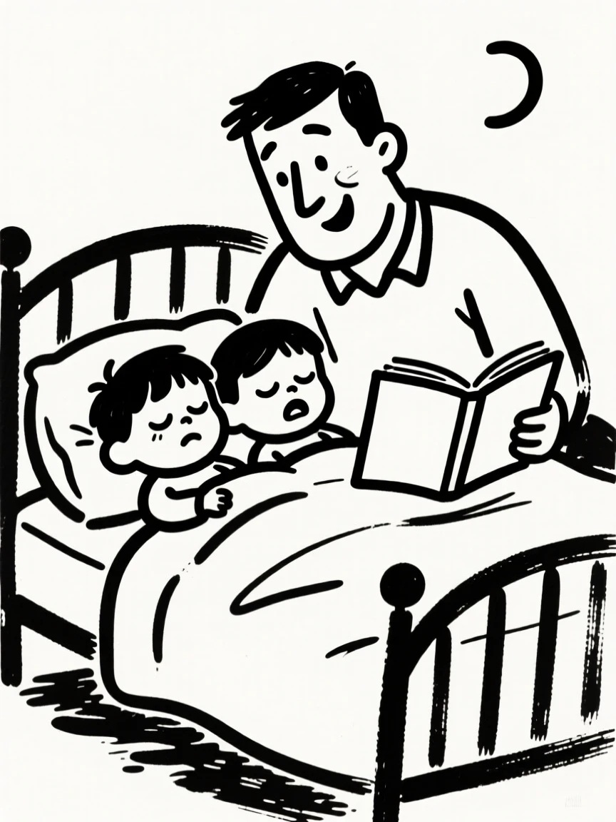 A dad reading a bedtime story to two sleepy children tucked into one bed.