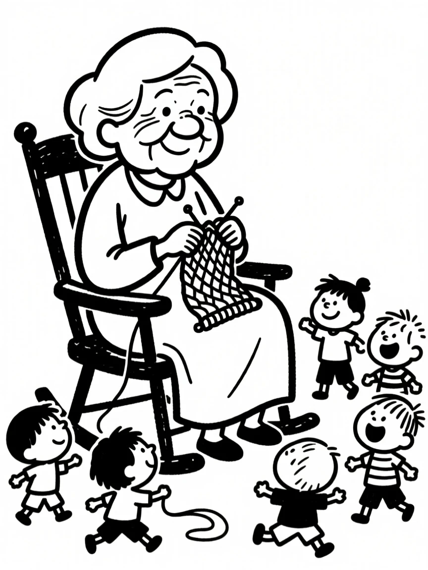 A grandmother knitting in a rocking chair while her grandchildren play at her feet.