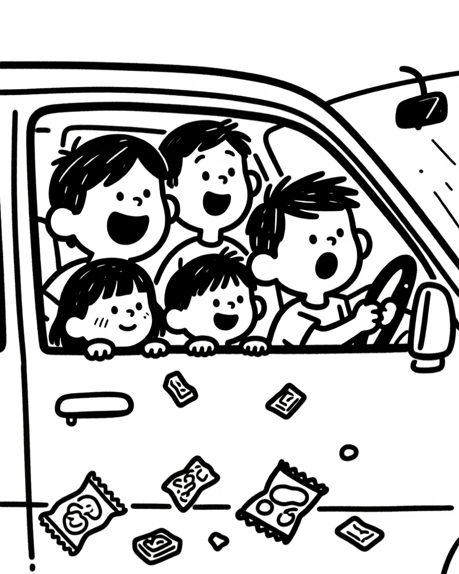 A family road trip scene with kids' faces pressed to the car window, snacks everywhere.