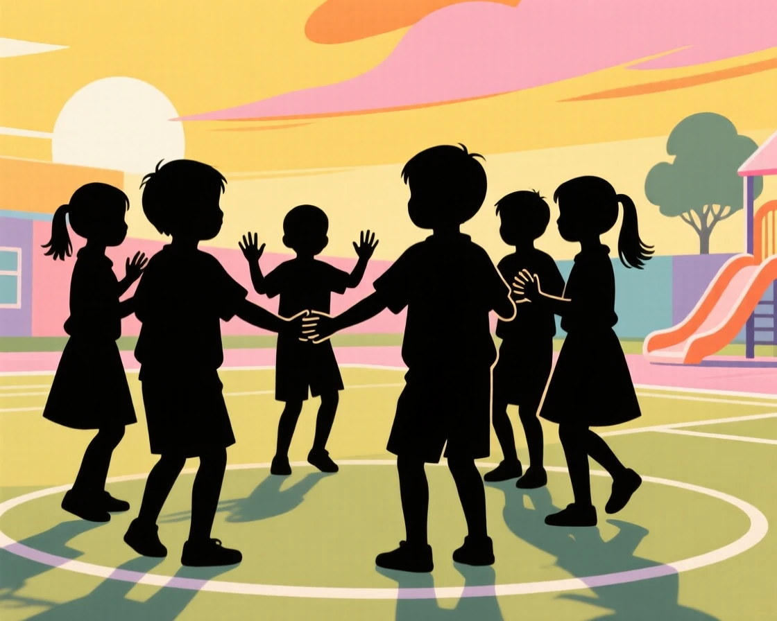 A group of children forming a circle to play a hand-clapping game in a schoolyard.