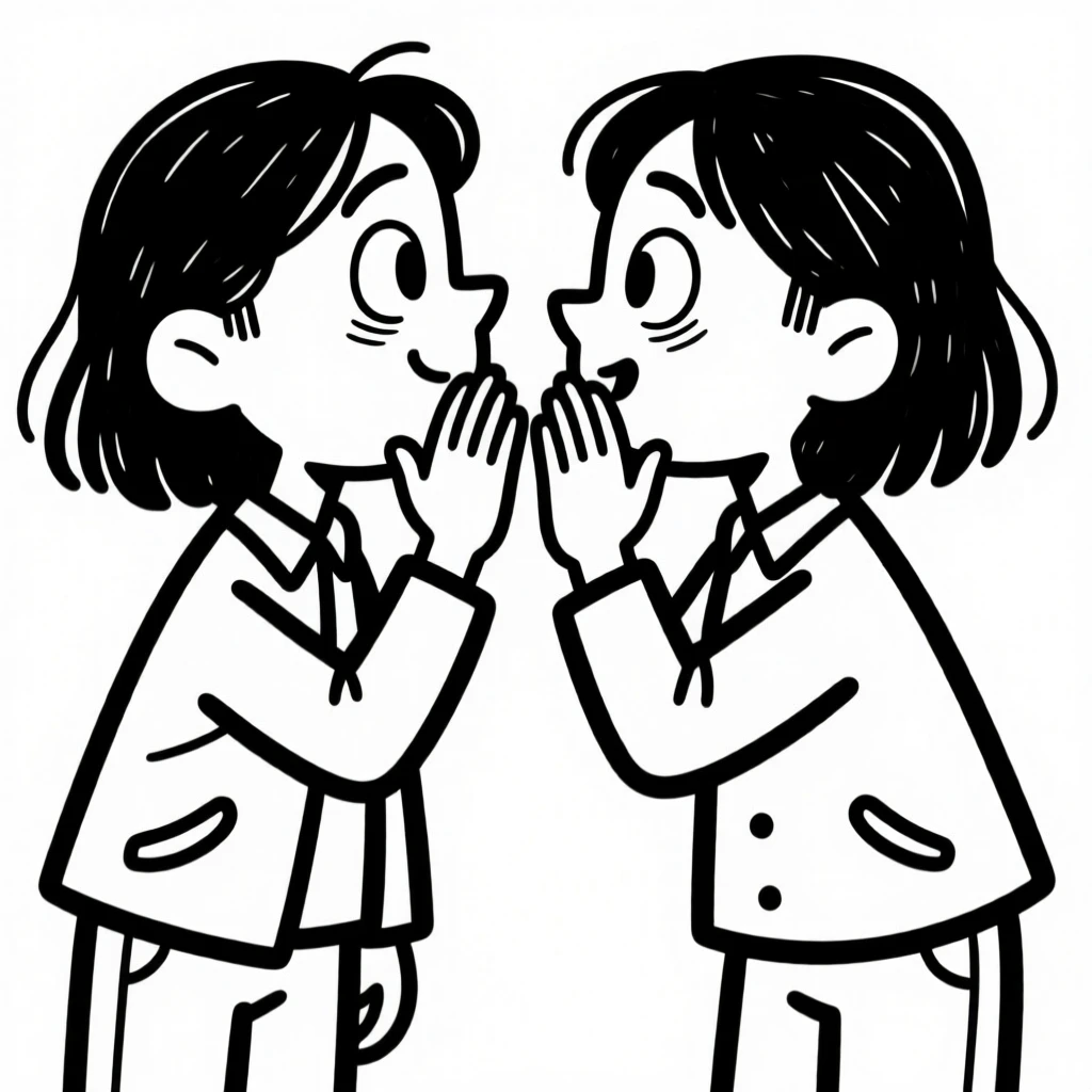 Twins in matching outfits sharing a mischievous secret, whispering behind cupped hands.
