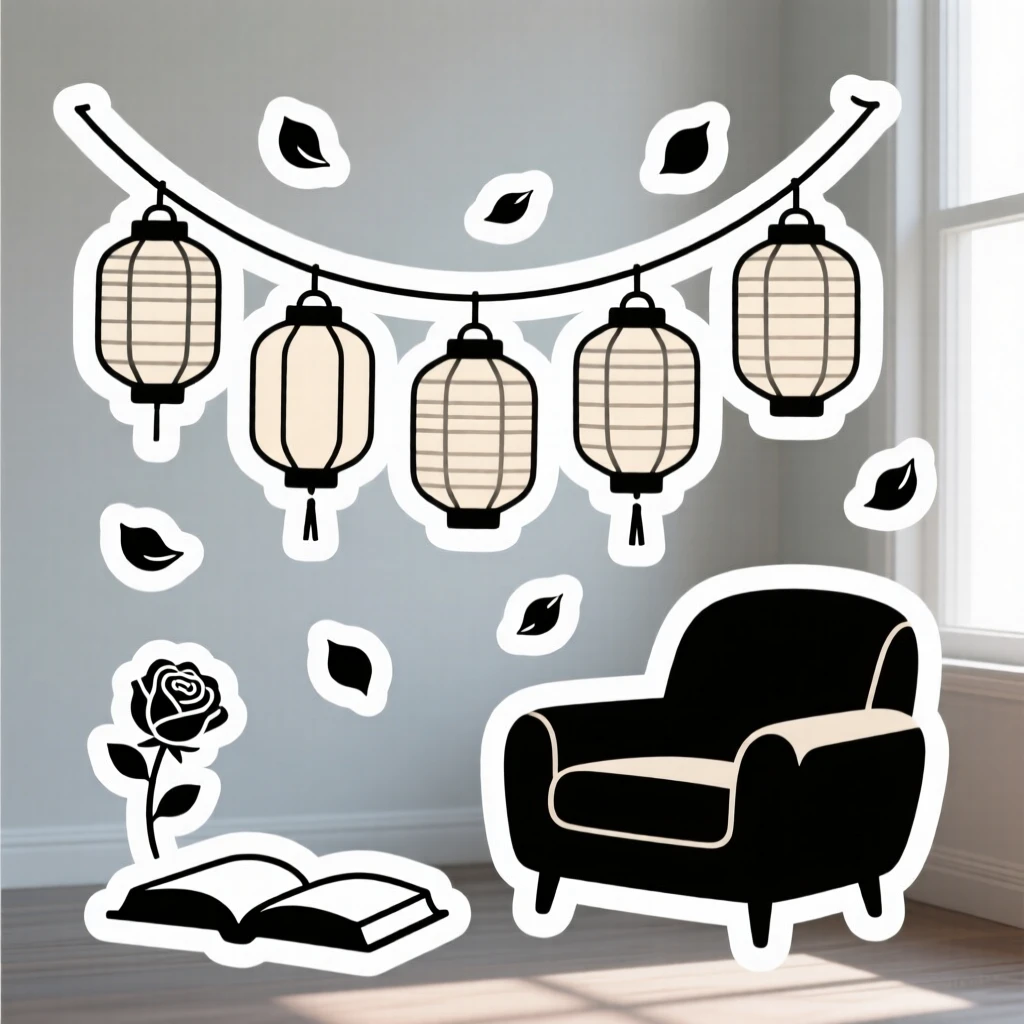 A delightfully simple string of paper lanterns, surrounded by scattered rose petals, in a sunlit reading corner.