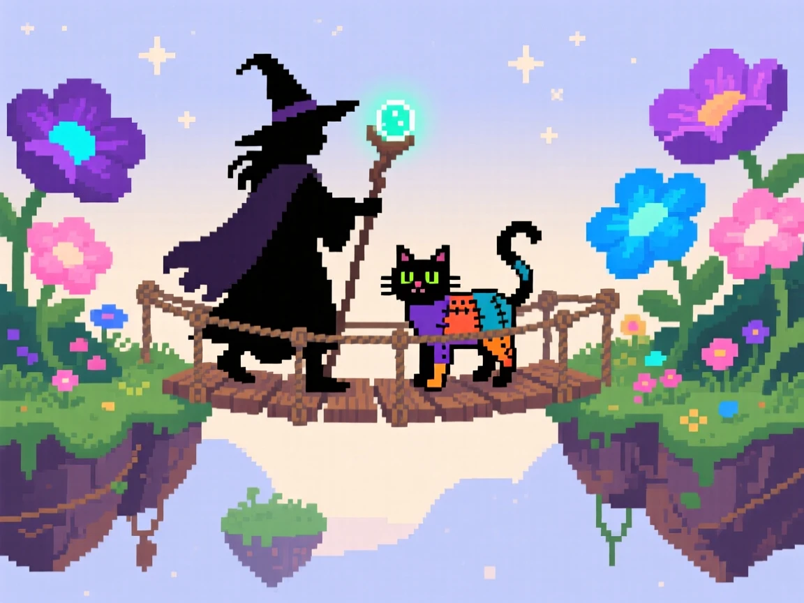 A witch with a patchwork cat crossing a rope bridge between floating islands, within a garden of oversized enchanted flowers.