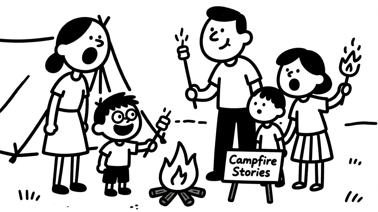 A family camping trip with everyone roasting marshmallows around a campfire.