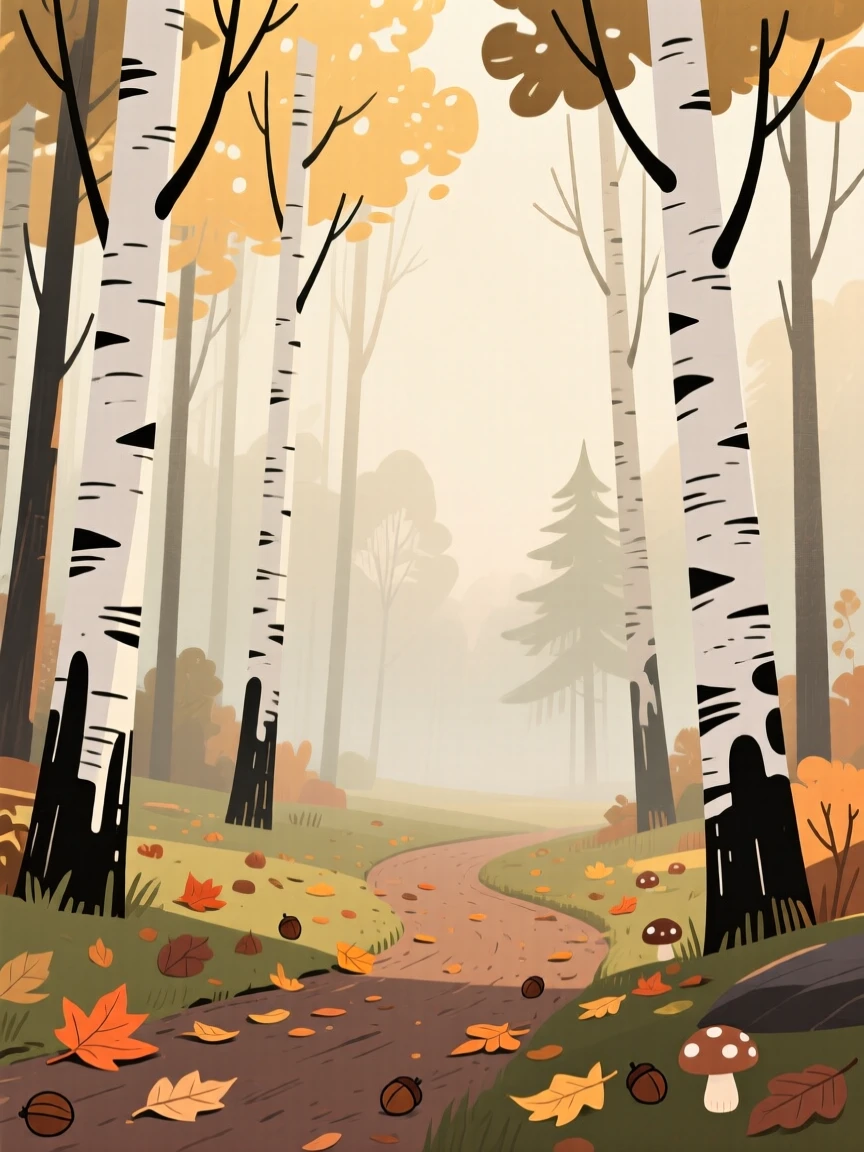 Sunlight filters through a misty pine forest of tall birches, casting dappled golden light across a winding dirt trail scattered with fallen leaves.