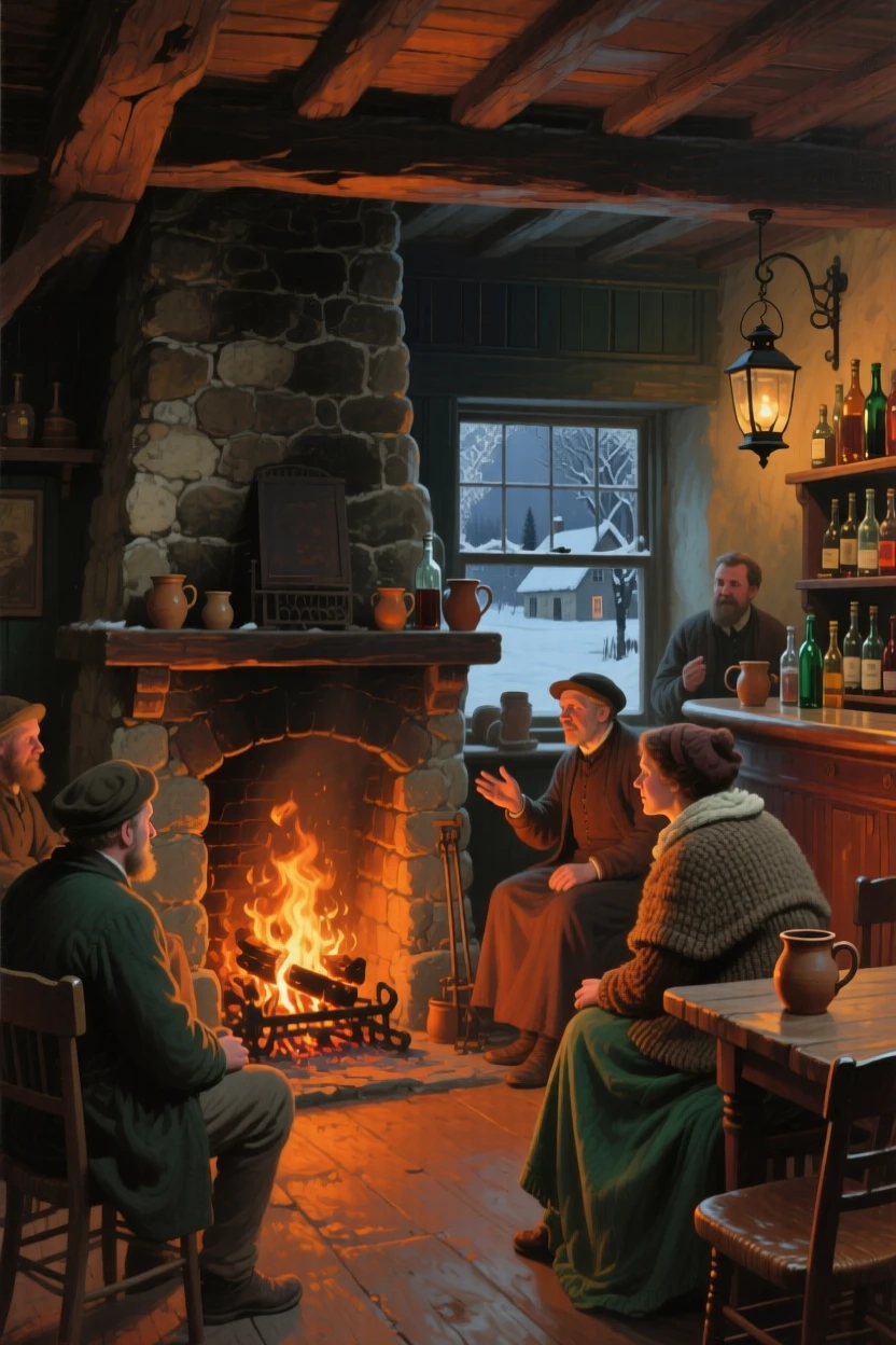 An expansive vista of a village pub with a roaring fire and patrons sharing stories, in deep winter.