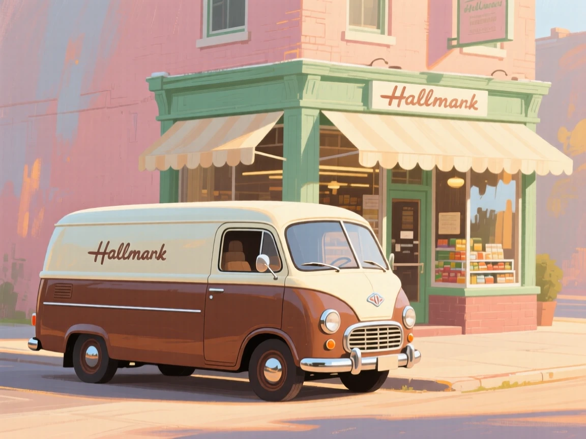 A vintage delivery van parked outside a corner grocery shop