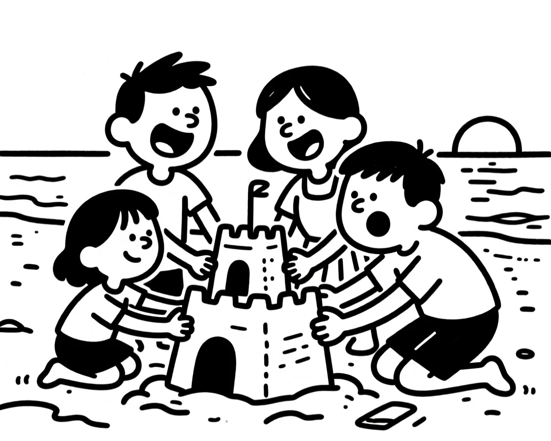 A family of four building a sandcastle together on the beach at sunset.
