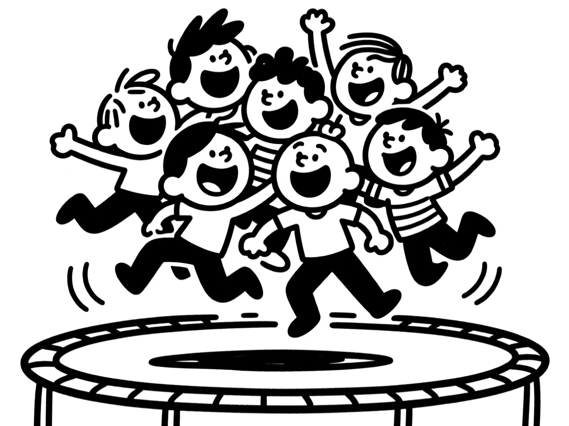 Cousins piled together on a trampoline, mid-jump, all laughing.