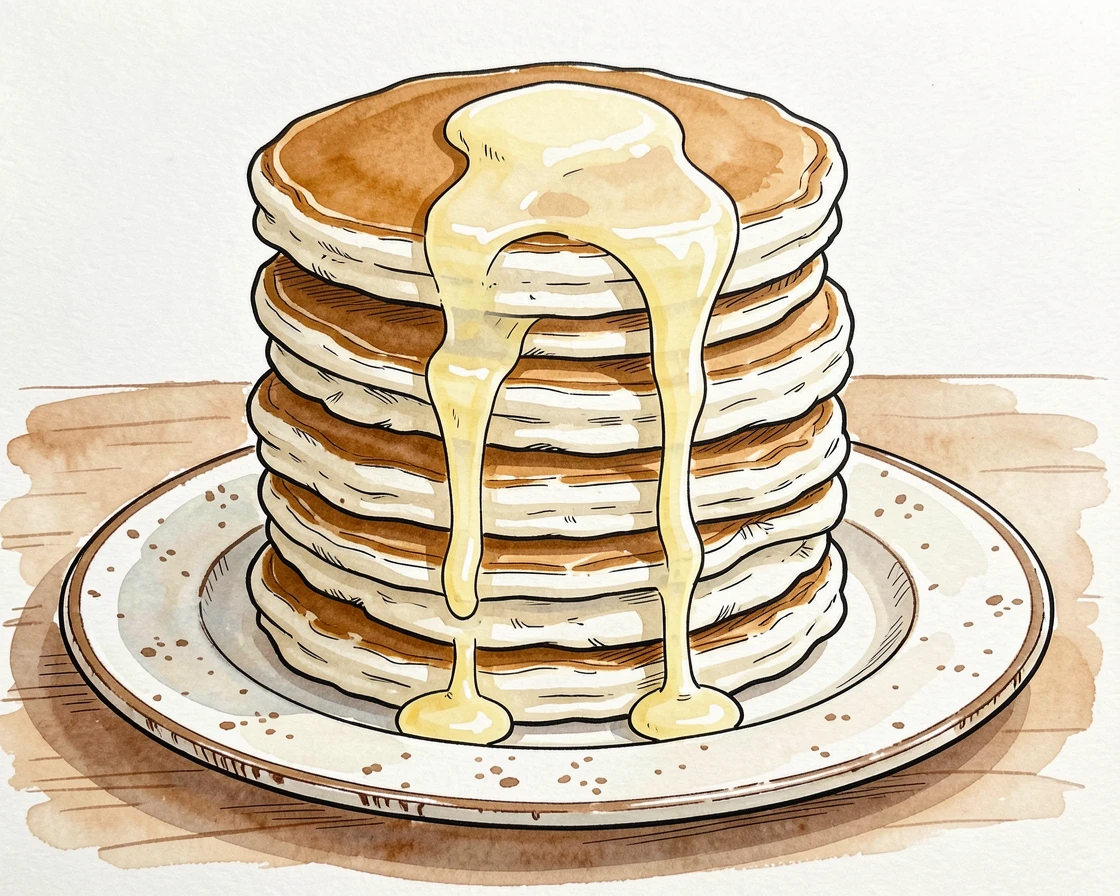 A tall stack of pancakes with butter melting down the sides on a rustic breakfast plate
