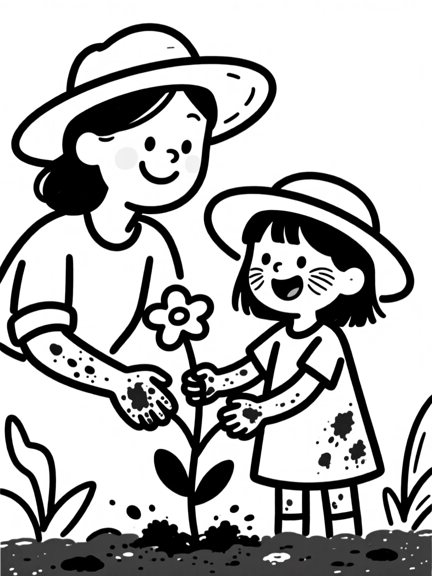 A mother and daughter gardening together, dirt on their hands and sunhats on.