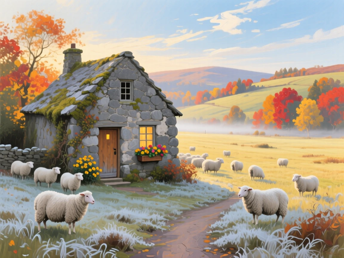 a stone cottage surrounded by grazing sheep, on a crisp autumn morning, with a balanced, spacious view of the surroundings.