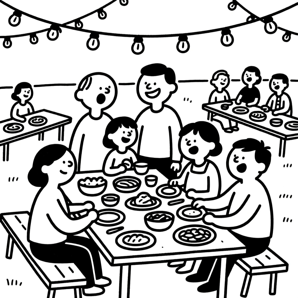 A big family reunion picnic with tables full of food under string lights.