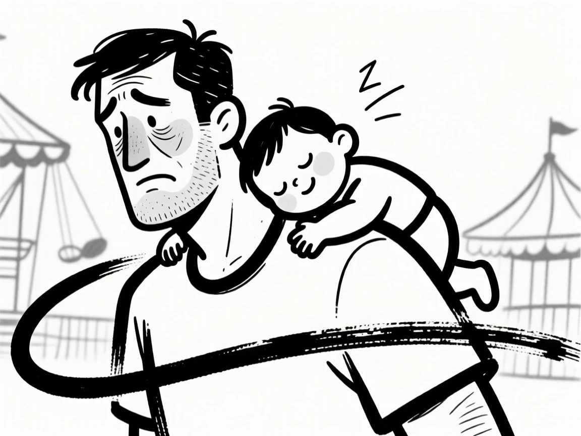 A dad carrying a sleeping child on his shoulders after a long day at the fair.