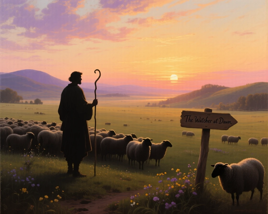 A shepherd and his flock is silhouetted against the first golden light of sunrise across a wide open field.
