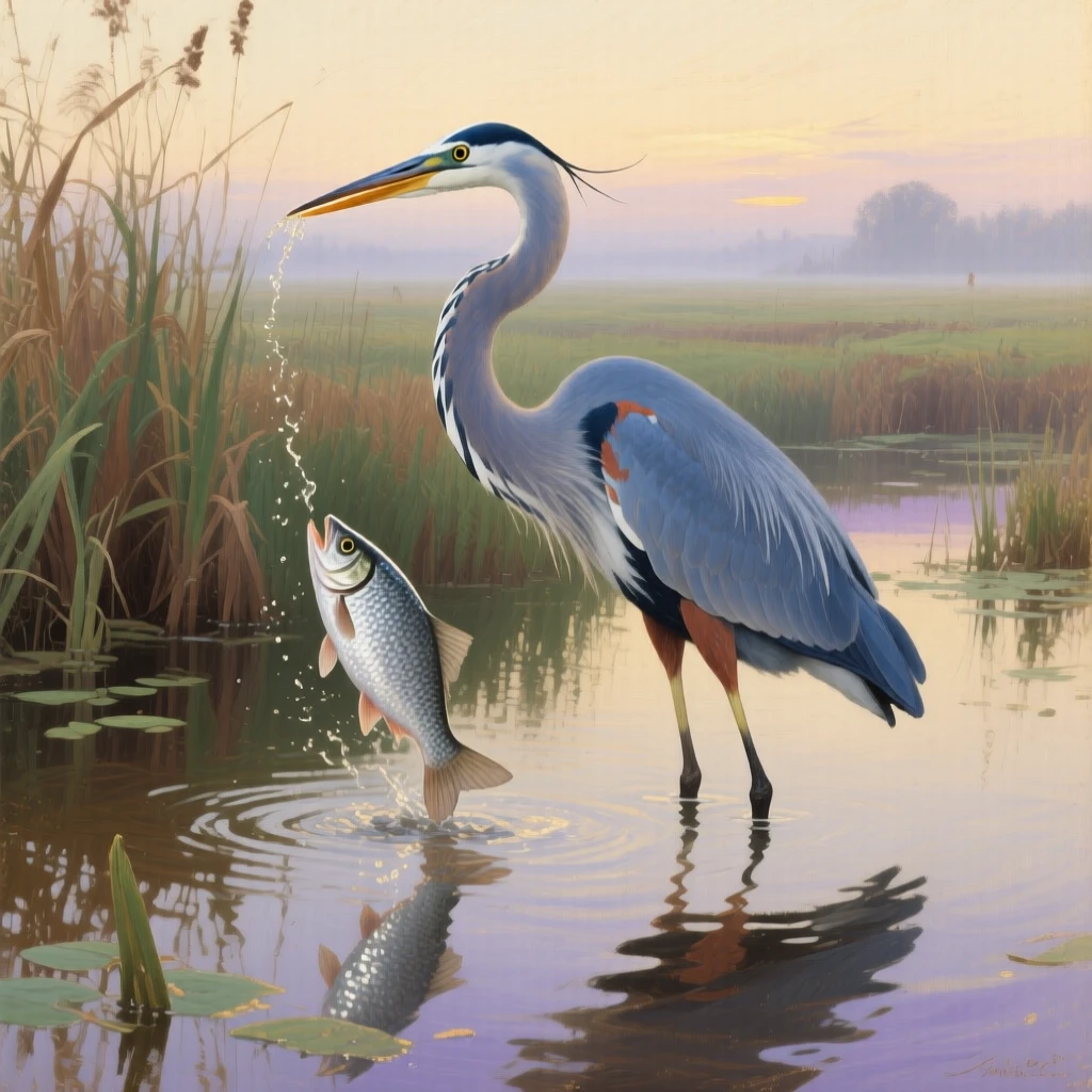 A great blue heron spearing a fish in a quiet marsh at dawn, captured in a fleeting moment of pure wild instinct, highlighting the quiet majesty found in the natural world