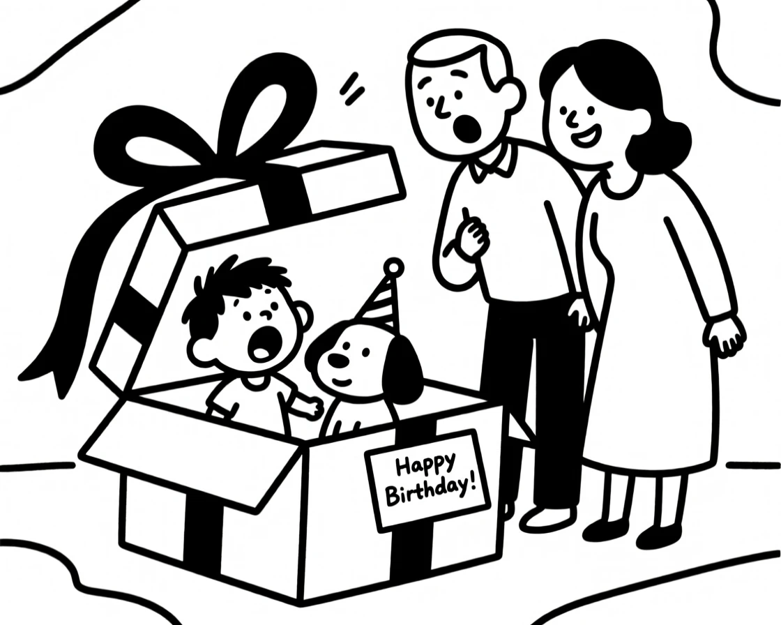 Parents surprising their child with a puppy in a big ribboned box on their birthday.