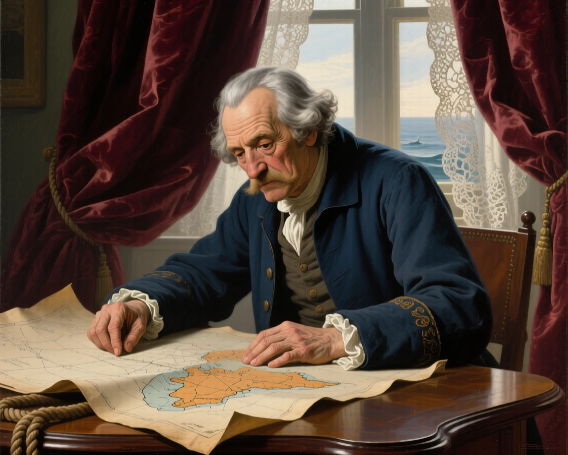 A weathered sea captain studying a worn nautical chart pausing as if interrupted by an unseen presence, set in a sunlit drawing room with heavy velvet curtains, with soft light tracing the folds of fine fabric and delicate lace; the hands are given equal storytelling weight alongside the face, suggesting a private world just glimpsed by the viewer.