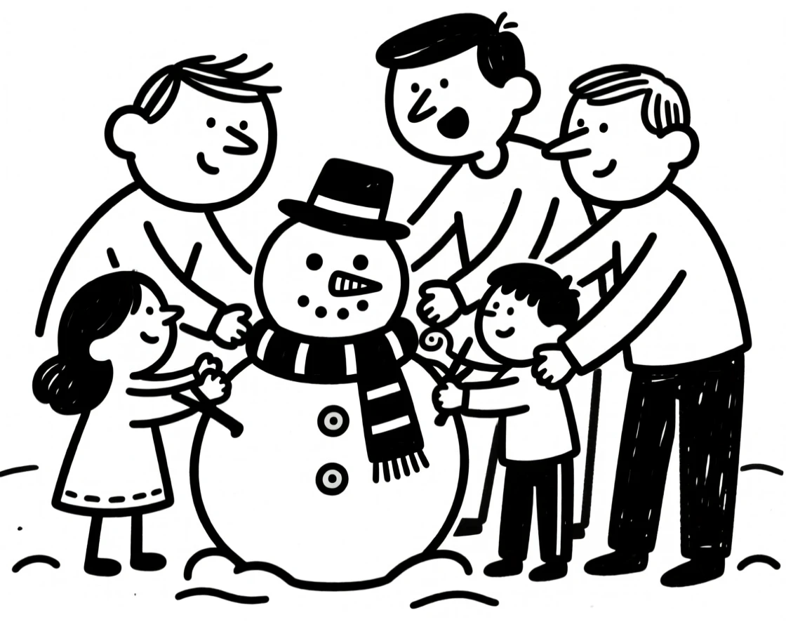 A family building a snowman together, each adding a different accessory.
