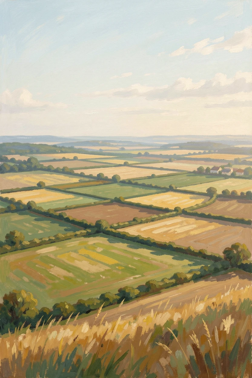 A patchwork of farm fields seen from a hilltop, hedgerows dividing squares of green, gold, and brown.