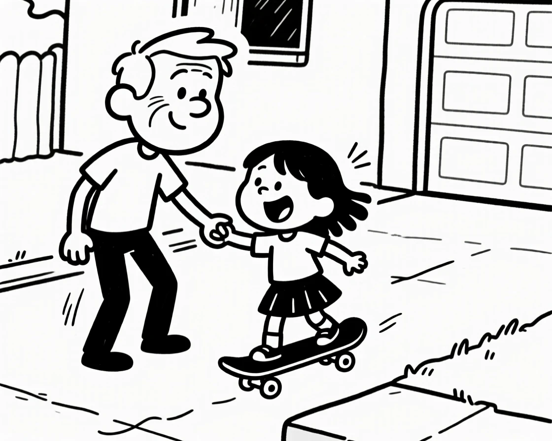 An older brother teaching his little sister to skateboard in the driveway.