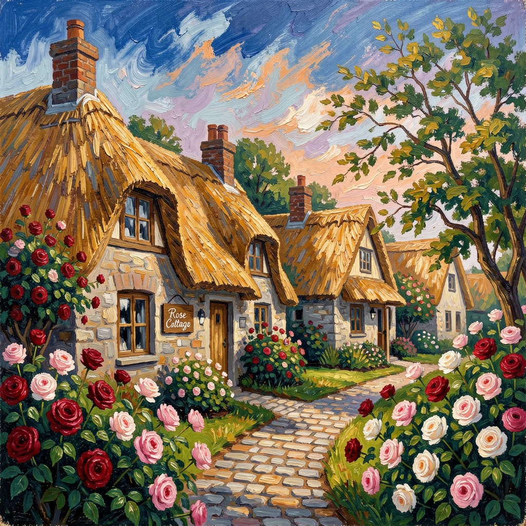 A quiet English village with thatched-roof cottages and a garden full of roses.
