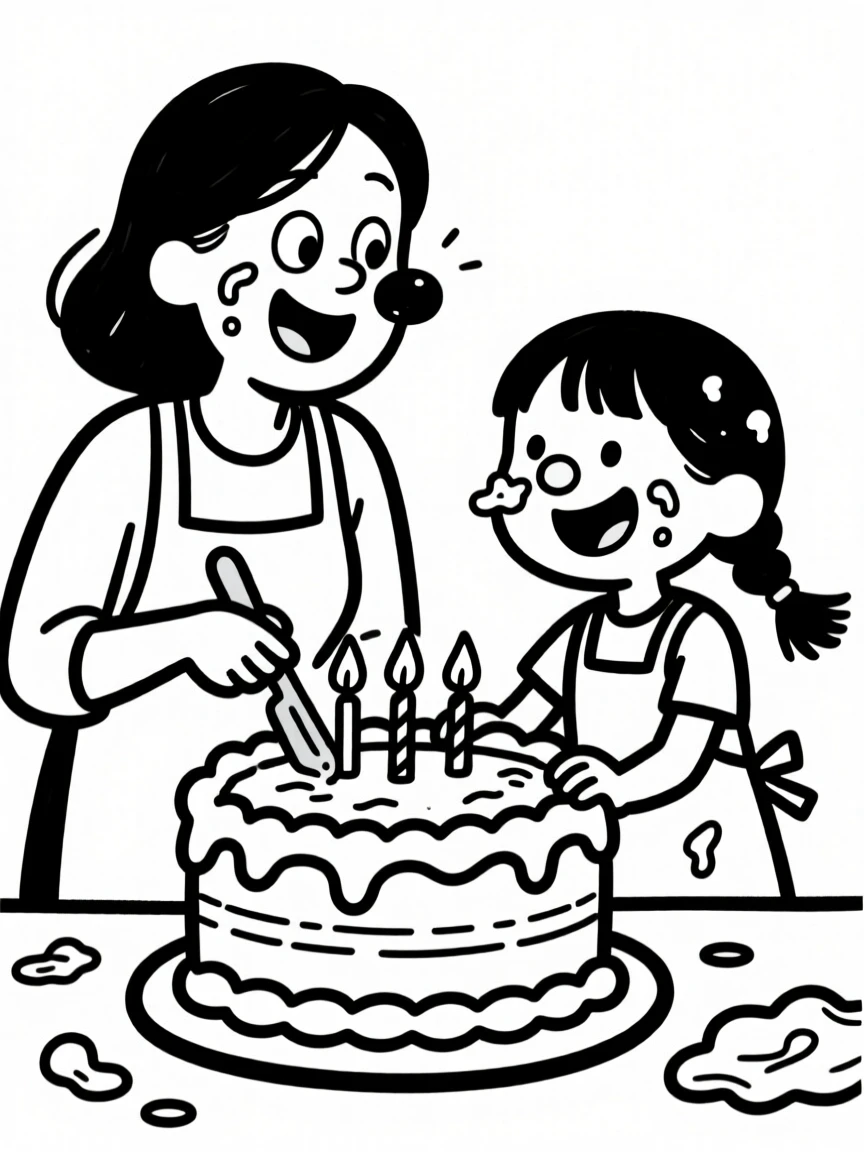 A mother-daughter duo baking a giant birthday cake together, frosting on their noses.