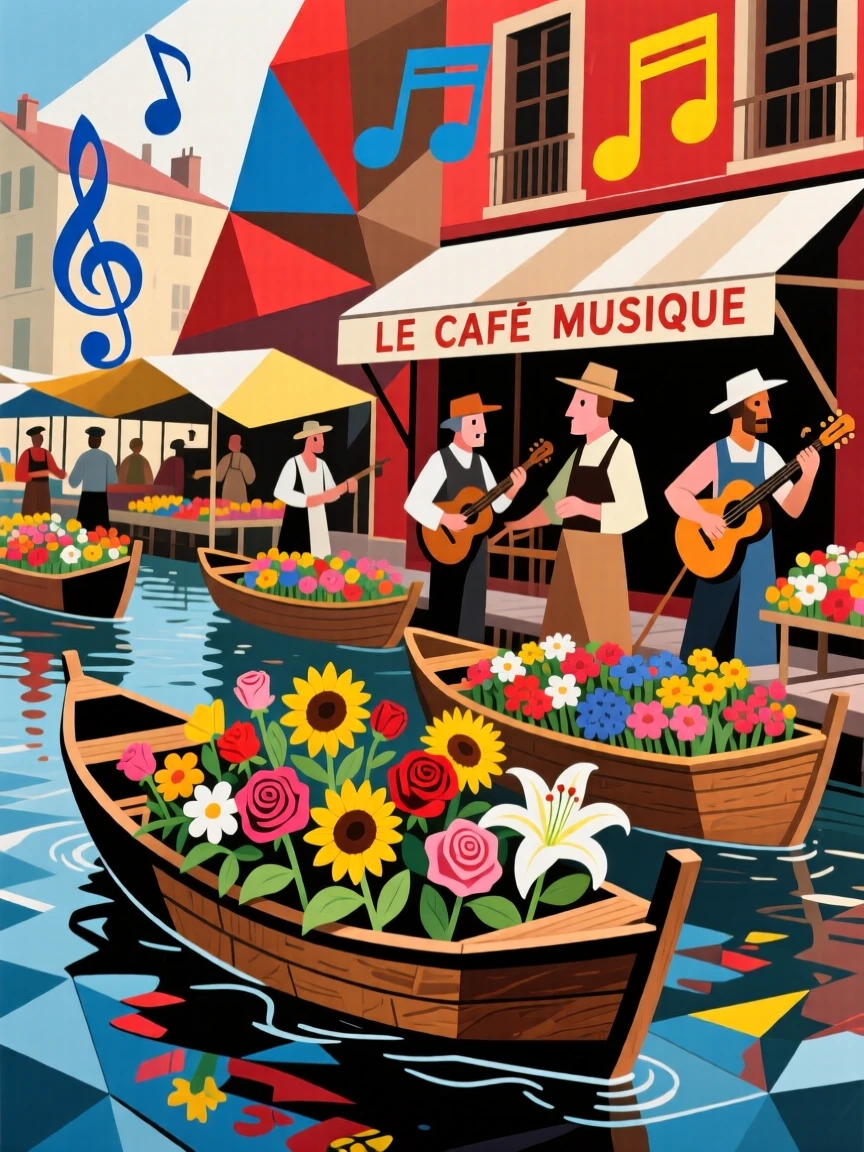 A vibrant scene of a floating flower market alive with music drifting from a nearby café.