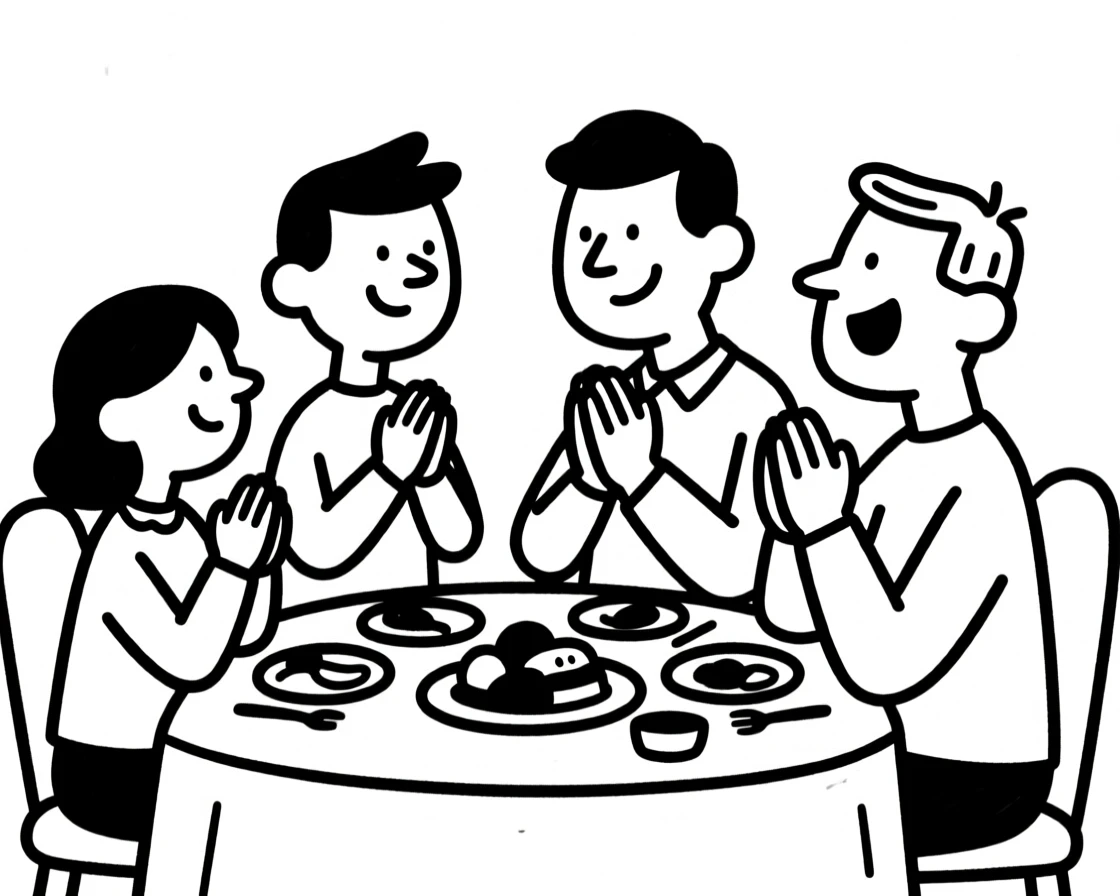A family praying together at a holiday dinner table, hands joined.