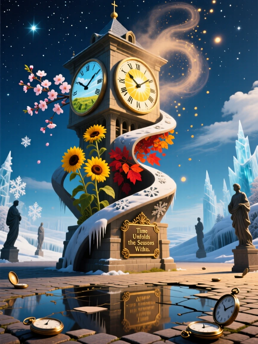 A clock tower whose face shows a different season on each side folds back upon itself in impossible geometry, while dust drifts upward instead of settling down.