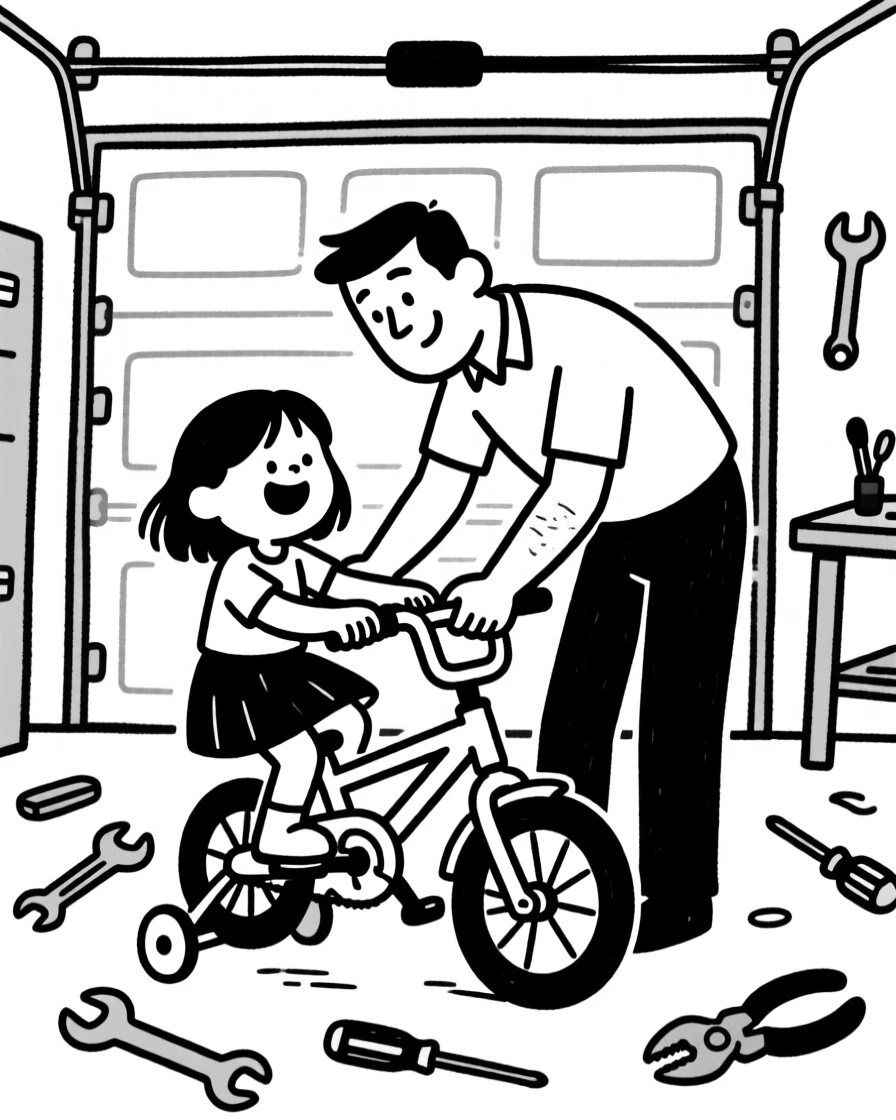 A dad fixing his daughter's bike training wheels in the garage, tools scattered around.