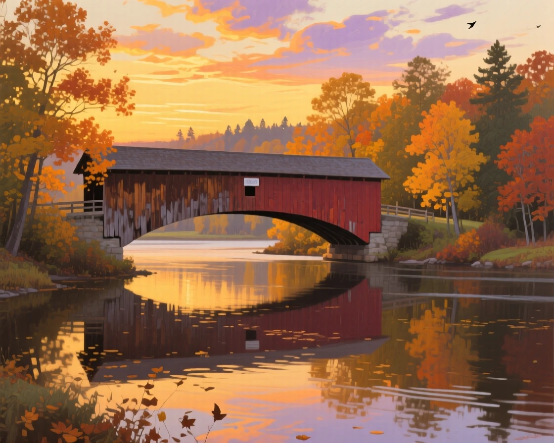 A golden autumn sunset glows over a New England covered bridge, clouds streaked in orange and violet reflecting in the still river below, the whole scene holding a quiet, unhurried stillness broken only by distant natural sounds.