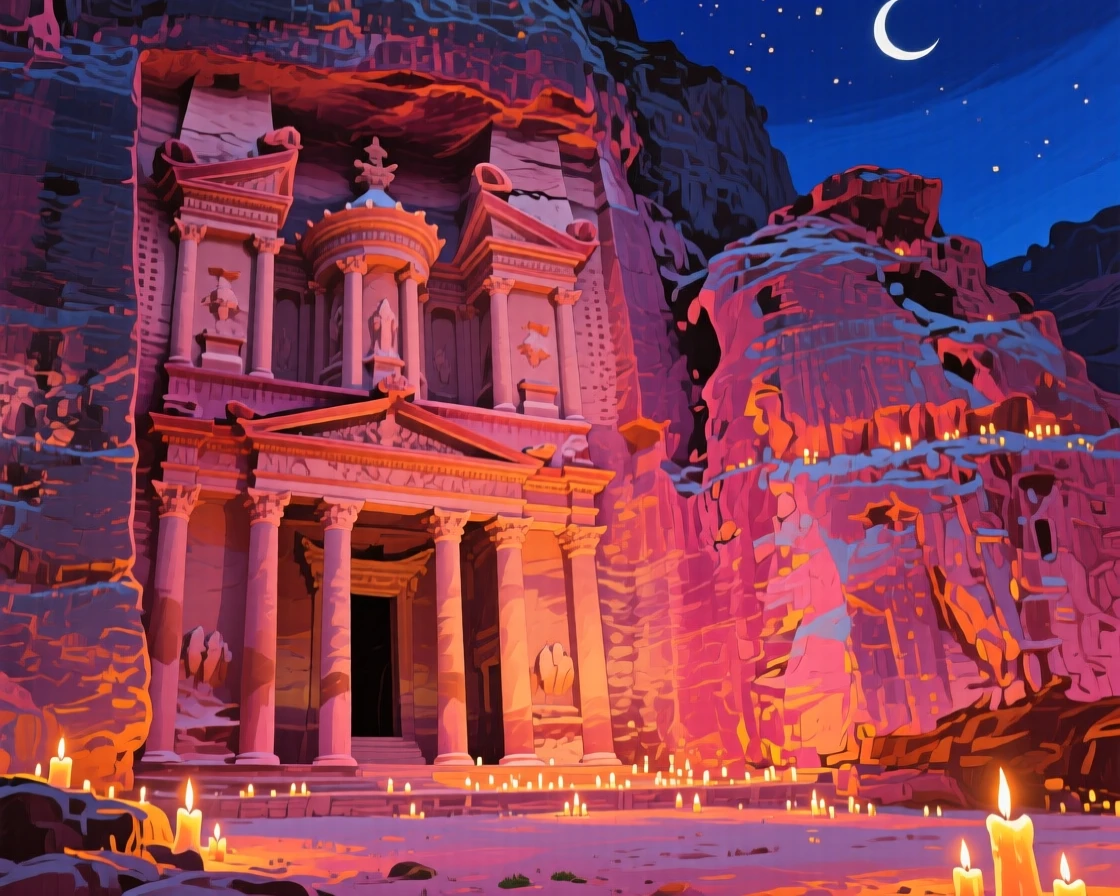 A dramatic view of Petra's Treasury carved into rose-colored rock, illuminated by candlelight at night