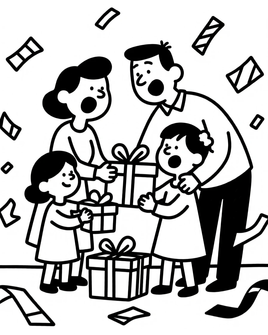 A family unwrapping presents together on Christmas morning in pajamas, wrapping paper flying.