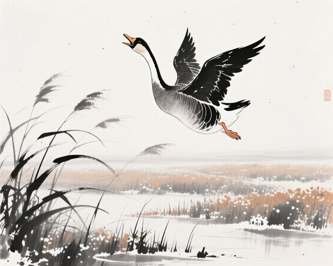A single goose calls out as it flies low over a reed marsh, over a landscape dusted with the season's first frost.
