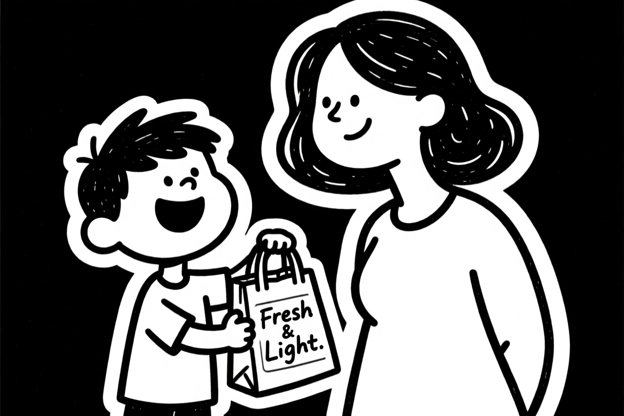 A little boy helping his mom carry groceries, proudly holding the smallest bag.