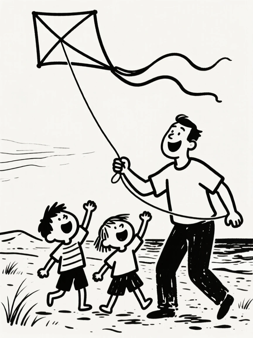 A father teaching his kids to fly a kite on a windy beach.