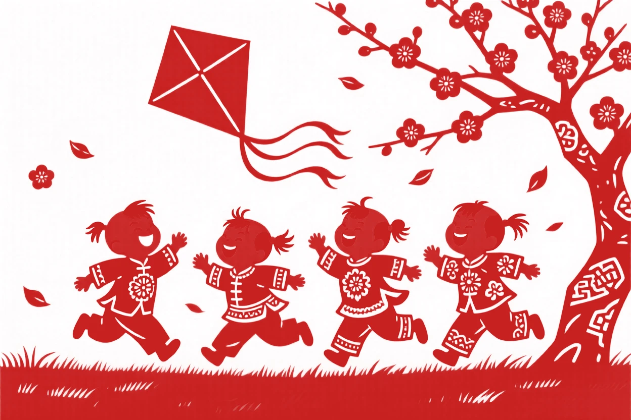 A group of laughing children, chasing a paper kite across an open field, petals drifting down around them from a nearby tree.