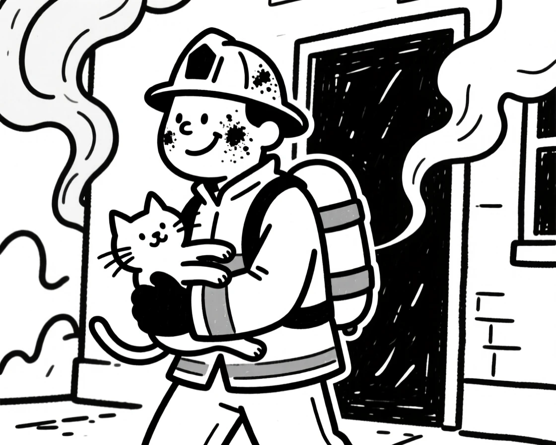 A firefighter carrying a rescued kitten out of a smoky building, soot on their face and a relieved smile.