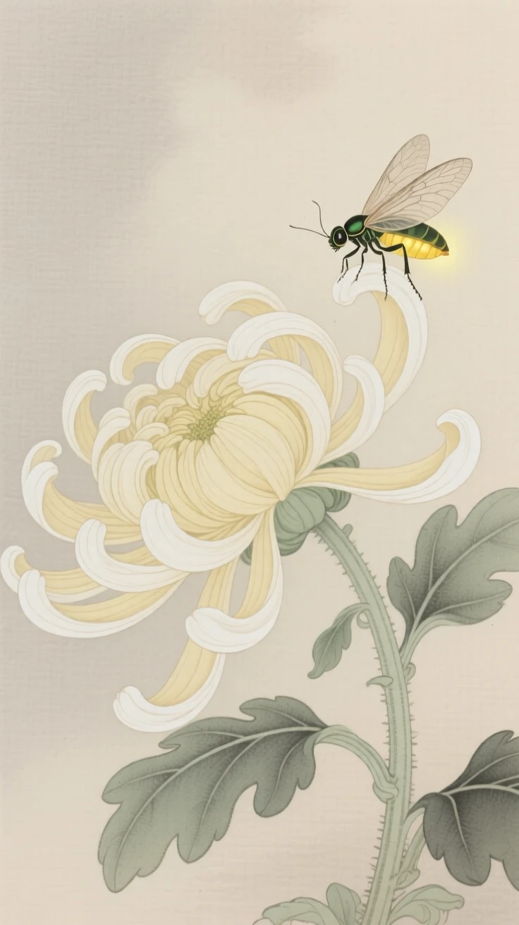 A single firefly on the edge of a chrysanthemum bloom